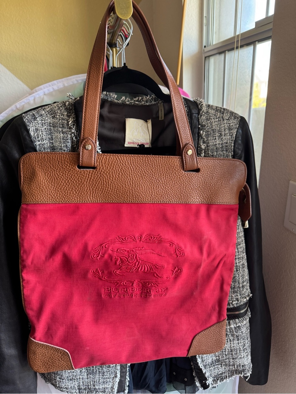 Auth Burberry Red and Brown Canvas Tote Bag